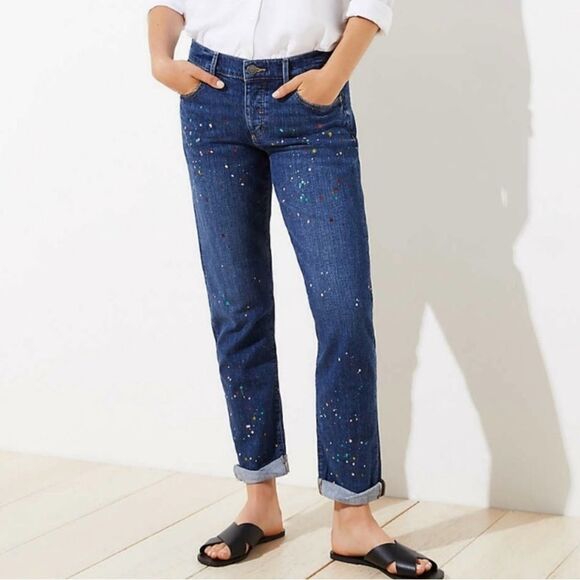 Loft Made and Loved Paint Splatter Boyfriend Jeans Blue 8 Button Fly - Picture 2 of 16